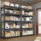Black and wood 5 tier racks along a garage wall holding boxes, bins and household supplies