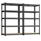 Two 5 tier metal and wood storage racks standing side by side on a white background, the 2 pack option
