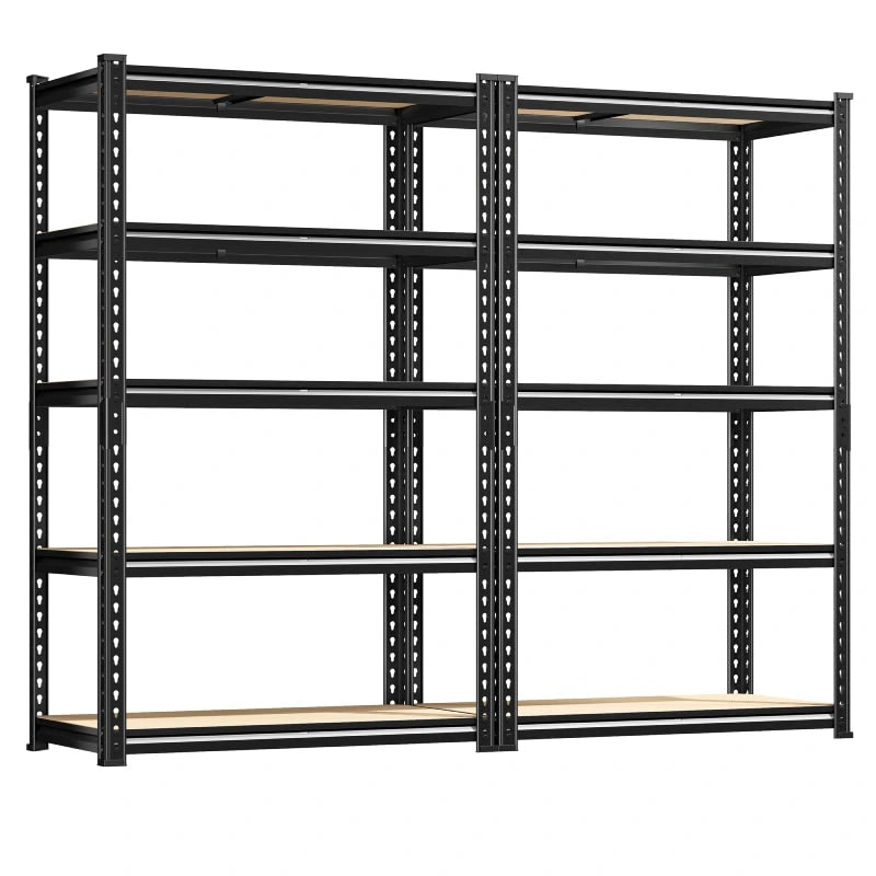 Two 5 tier metal and wood storage racks standing side by side on a white background, the 2 pack option