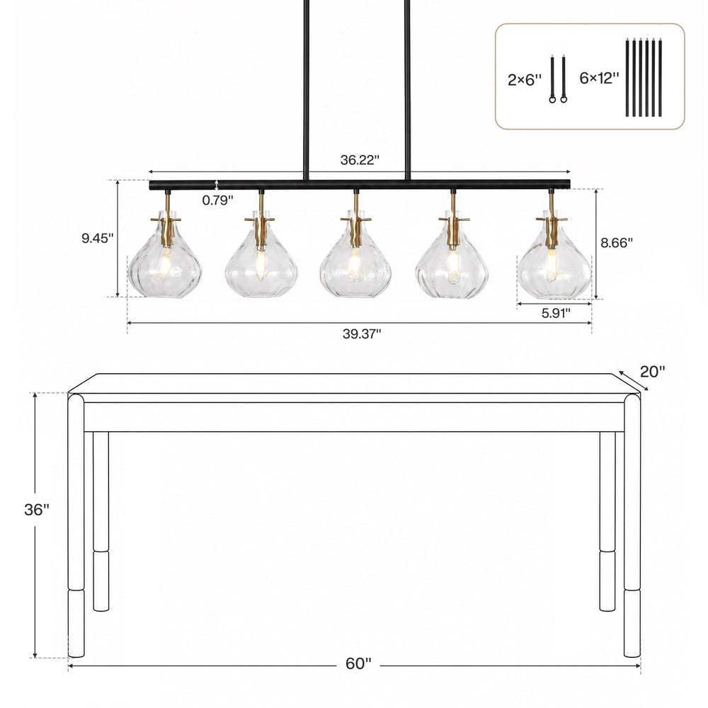Dimension drawing showing the 39.37 inch bar, 5.91 inch shades and 36.22 inch rod spacing