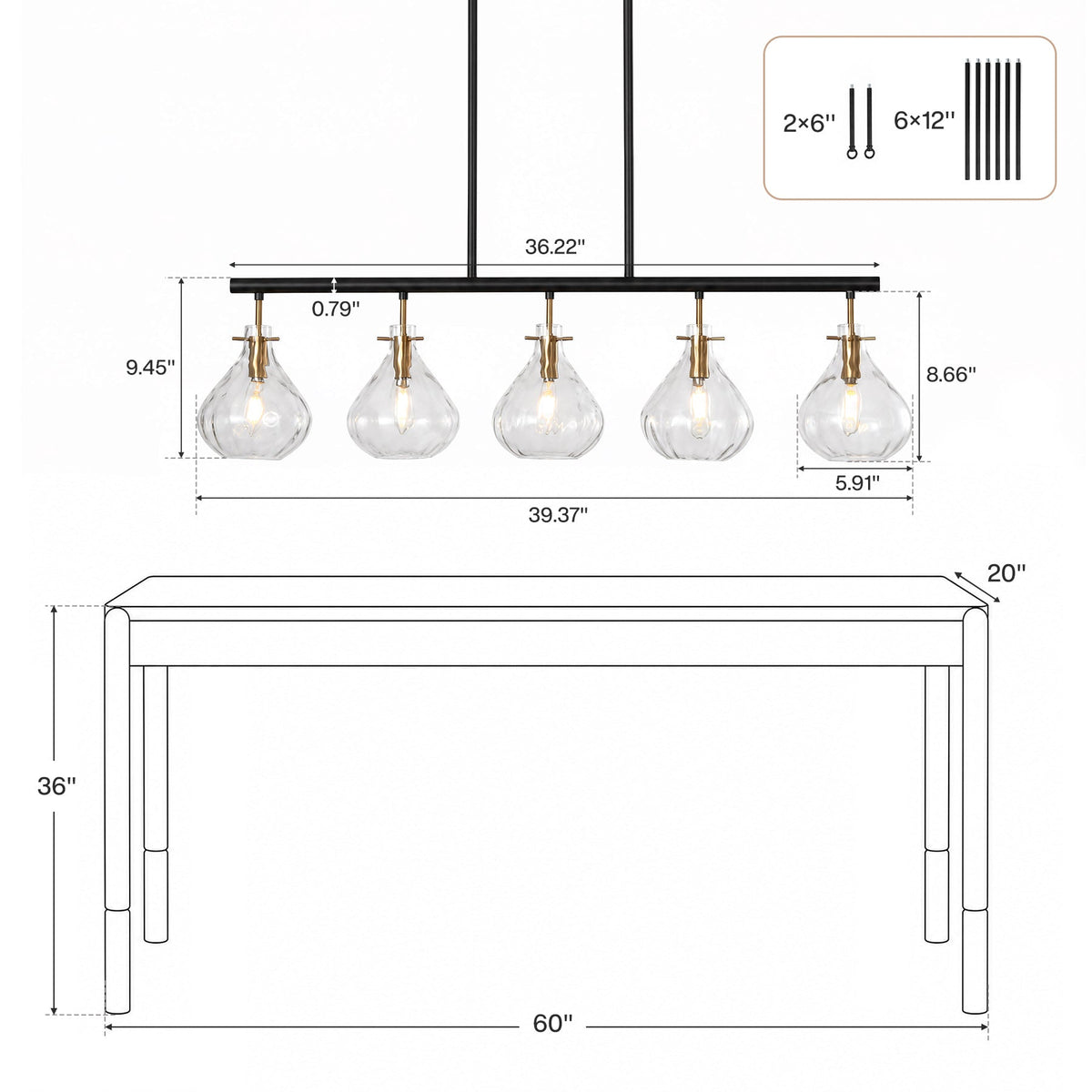 Dimension drawing showing the 39.37 inch bar, 5.91 inch shades and 36.22 inch rod spacing