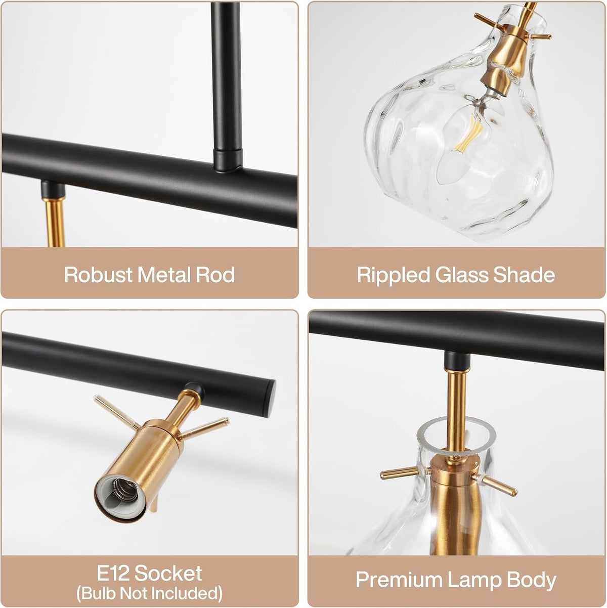 Close views of the metal rod, the rippled glass shade, the E12 socket and the gold lamp body