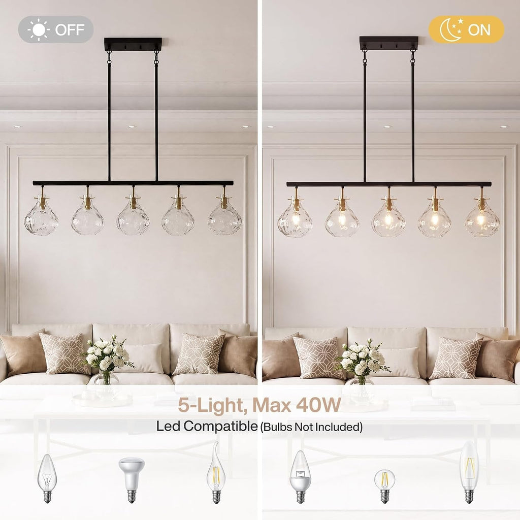 The chandelier shown switched off and switched on above a living room sofa