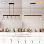The chandelier shown switched off and switched on above a living room sofa