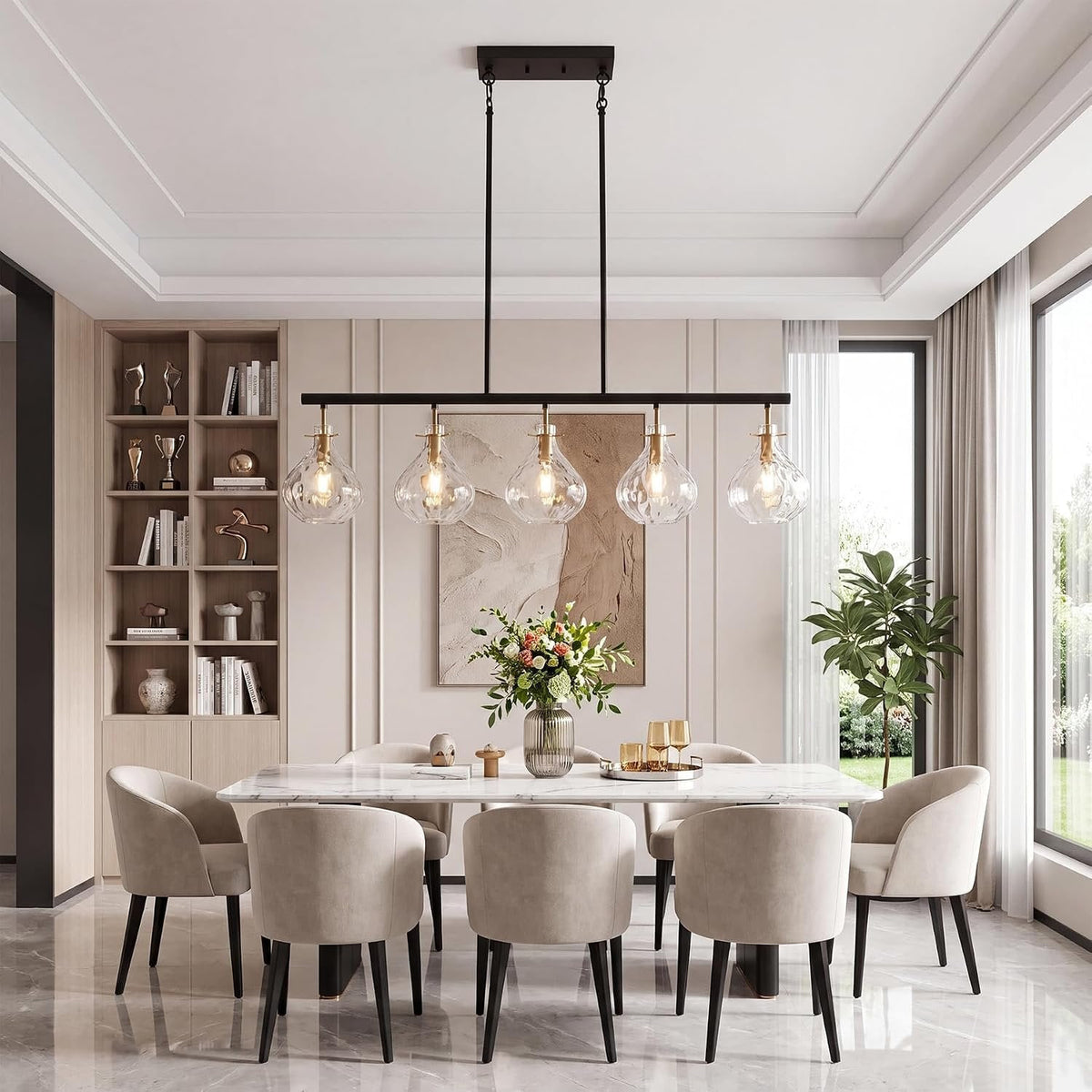 The linear chandelier hanging over a dining table in a panelled dining room