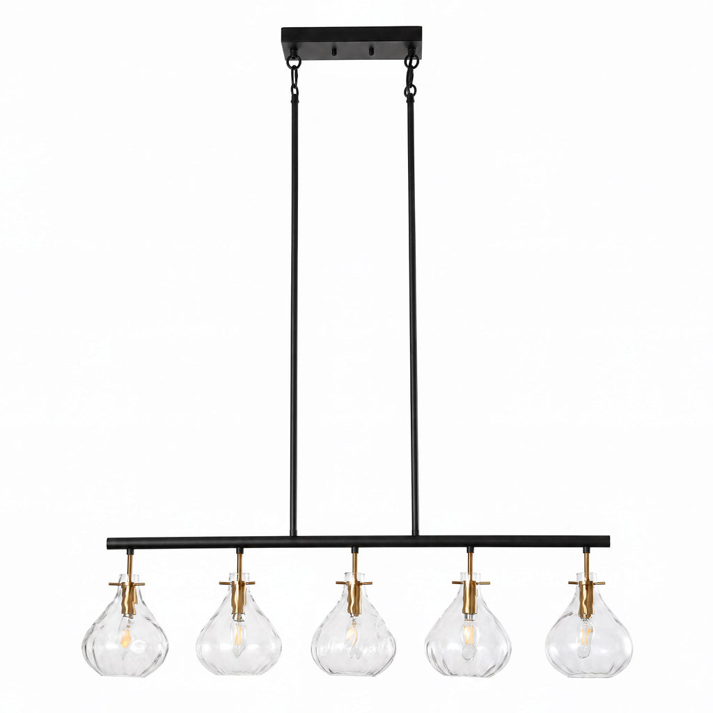 Straight on view of the five light linear chandelier against a plain background