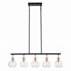 Straight on view of the five light linear chandelier against a plain background