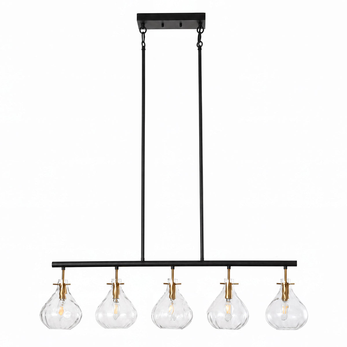 Straight on view of the five light linear chandelier against a plain background