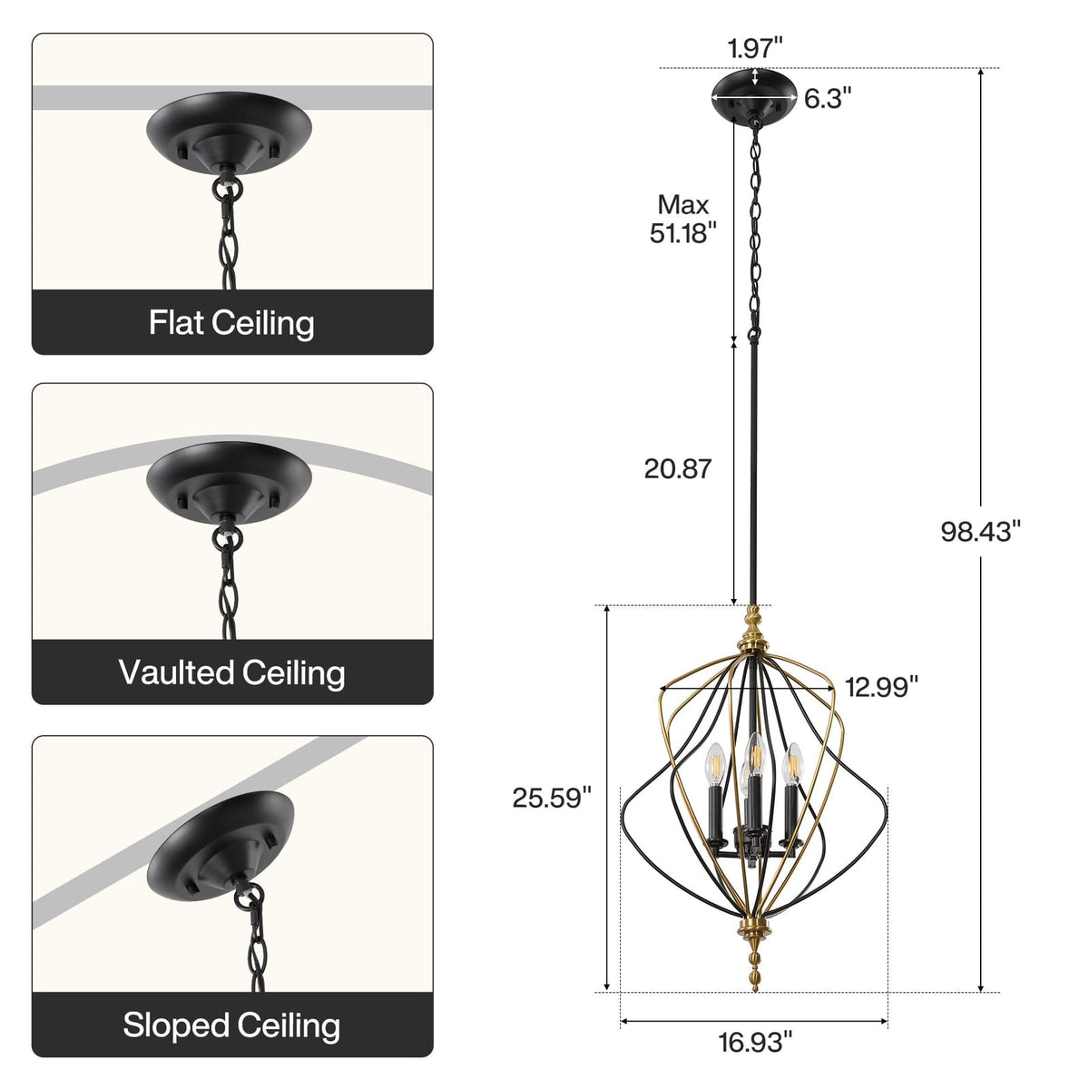 4 Light Chandelier, dimensions diagram