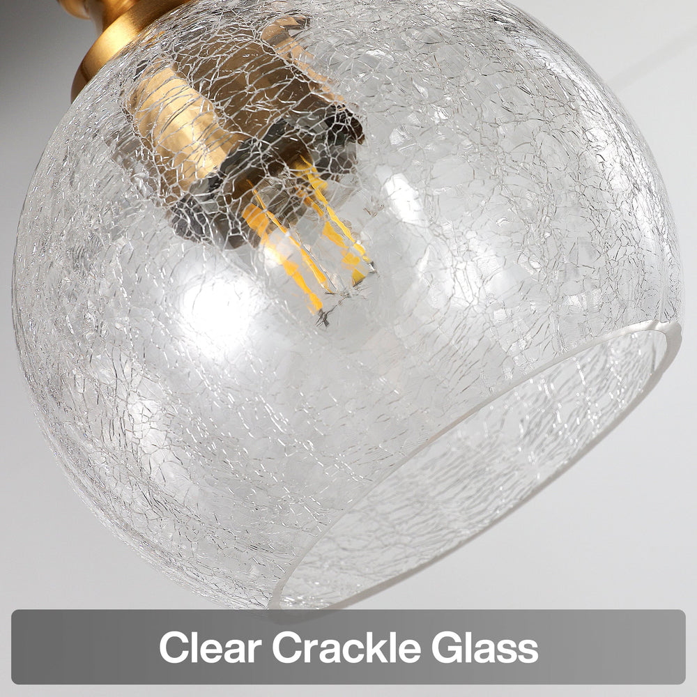 Close view of a single clear crackle glass globe with the filament behind it