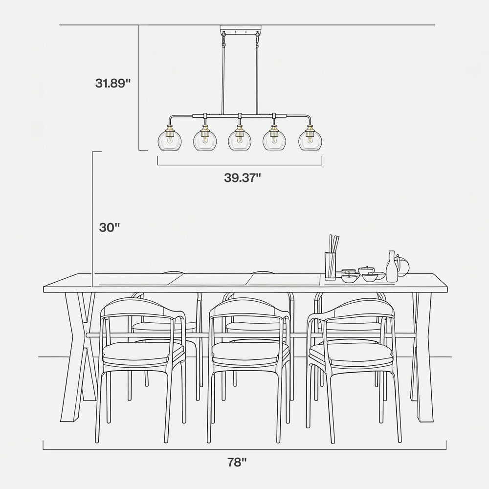Placement drawing of the 39.37 inch fixture hung 30 inches above a 78 inch dining table