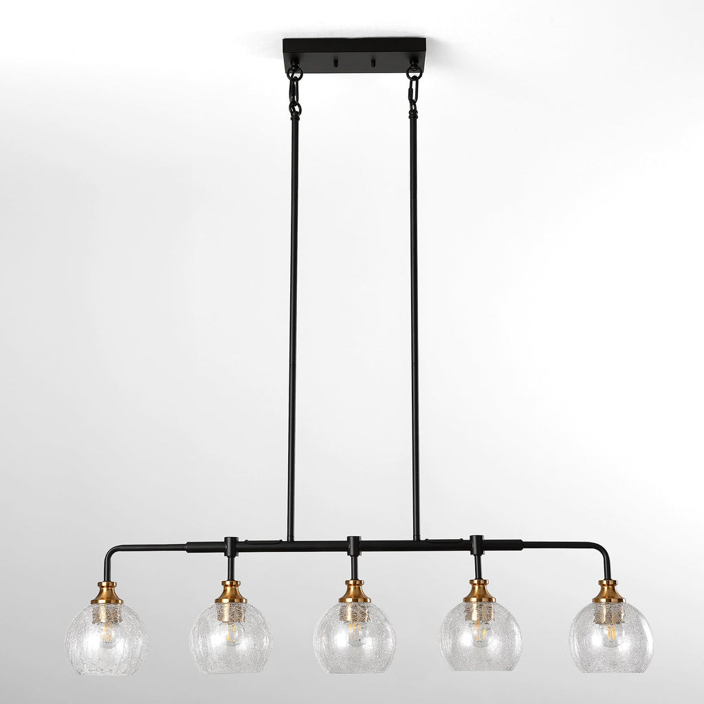 Straight on view of the five light crackle glass chandelier against a plain background