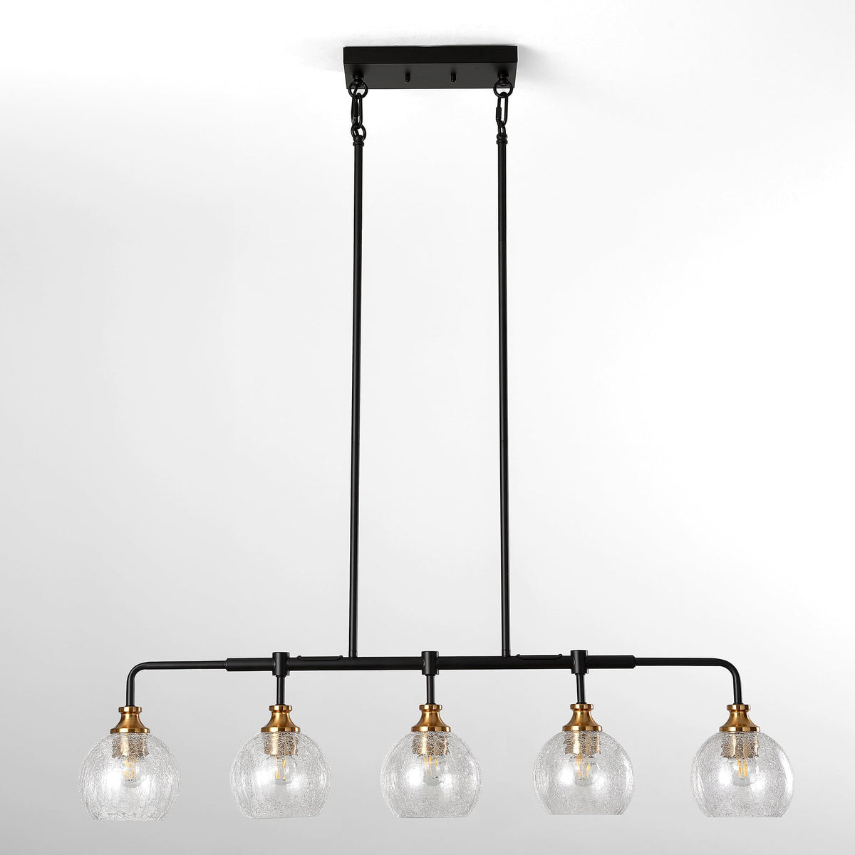 Straight on view of the five light crackle glass chandelier against a plain background