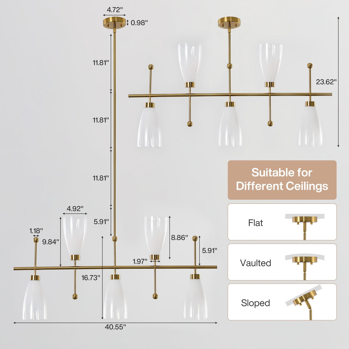 Measured drawing showing the 40.55 inch bar, 4.92 inch shades and the rod lengths supplied