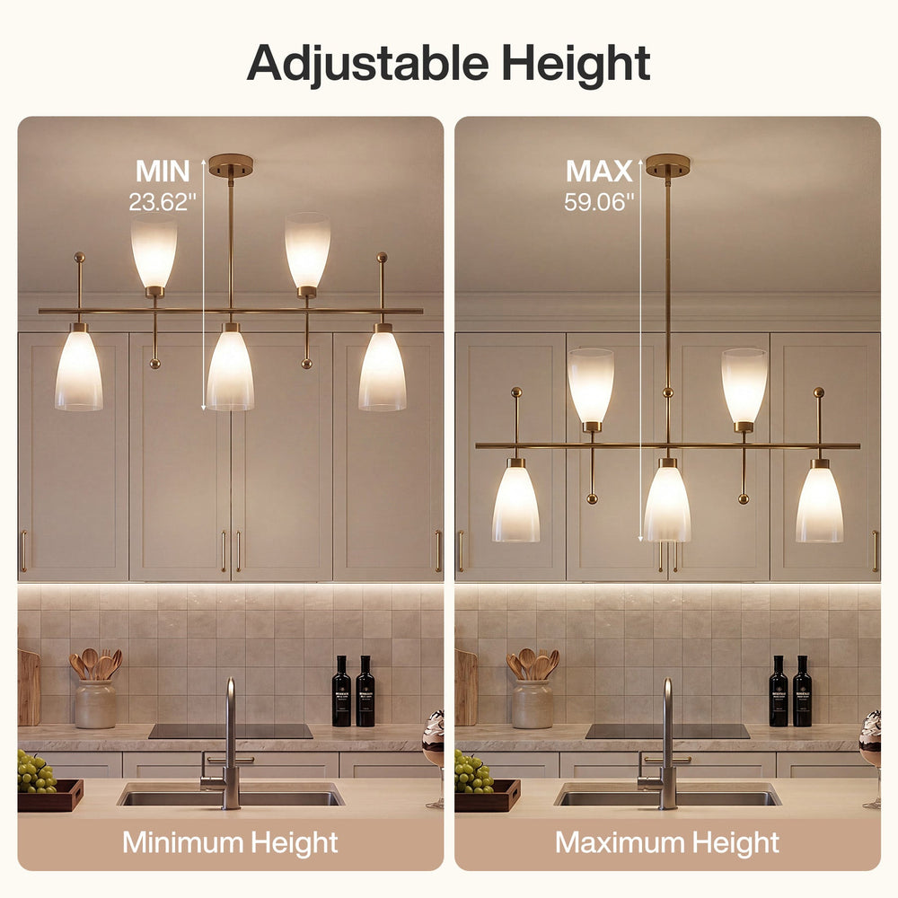 The same fixture shown at its minimum and maximum hanging heights side by side