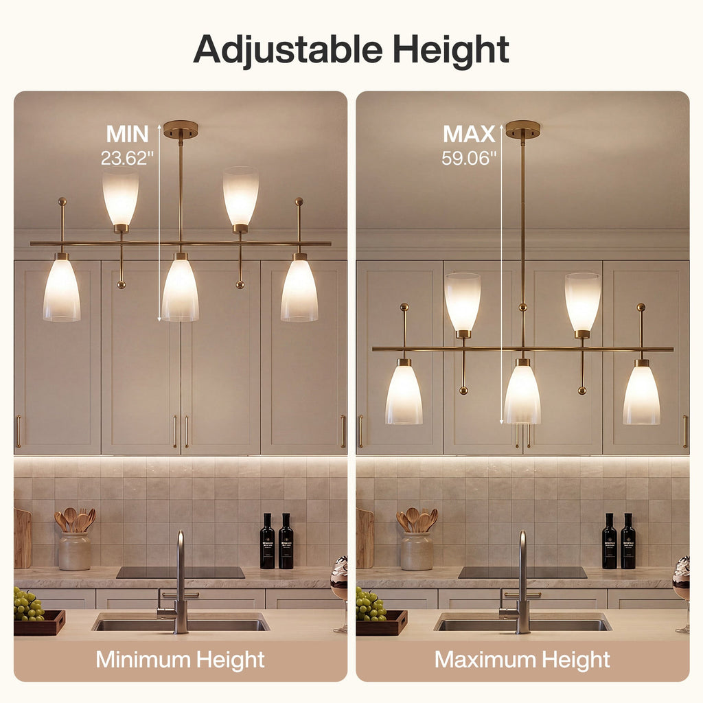 The same fixture shown at its minimum and maximum hanging heights side by side