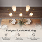 The chandelier above a laid table with captions for diffused light and linear design