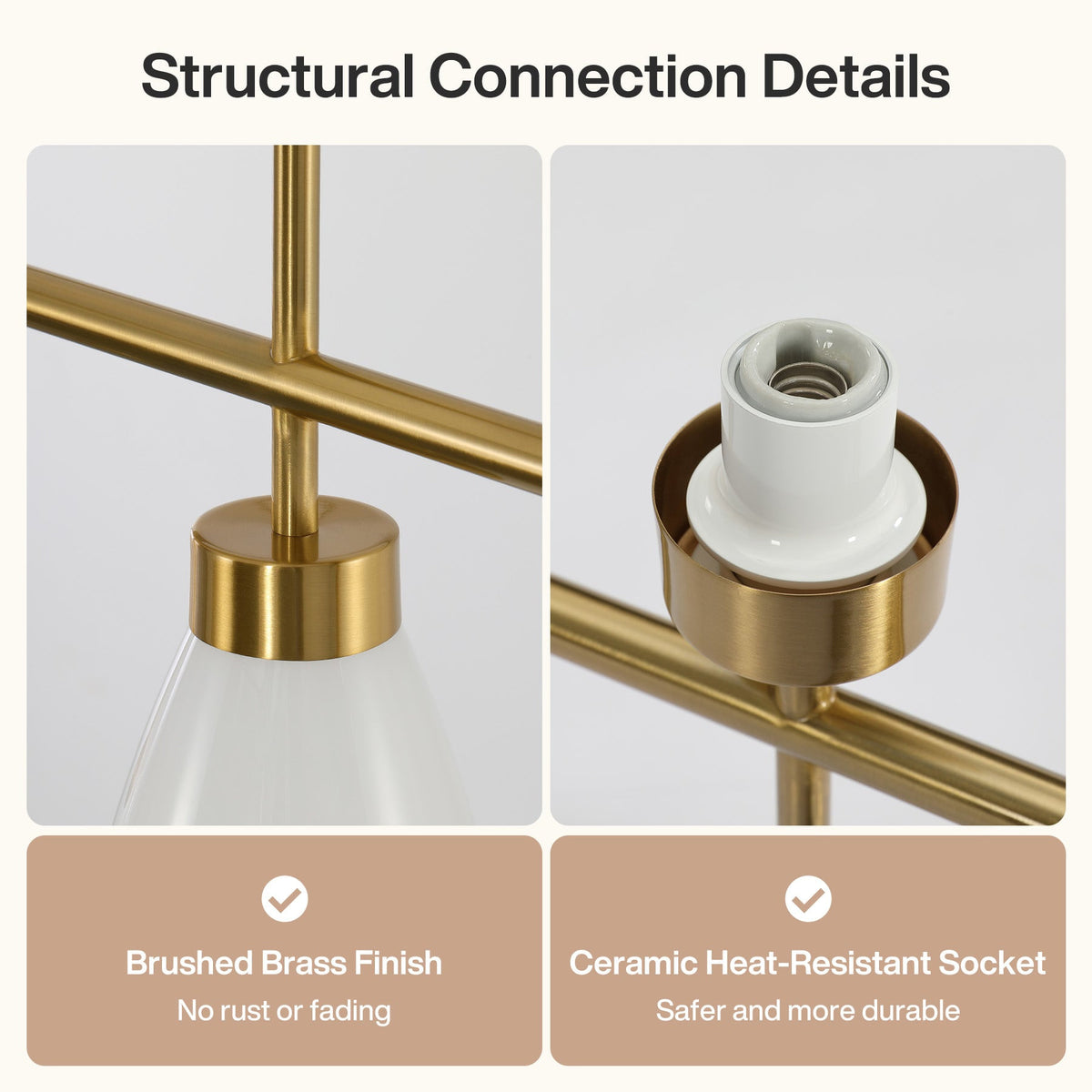 Close views of the brushed brass finish and the ceramic socket in its brass collar