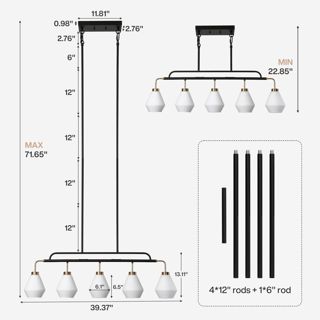 Dimension drawing showing the shade size, rod lengths and 22.85 to 71.65 inch hang