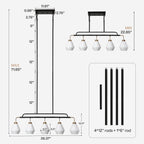 Dimension drawing showing the shade size, rod lengths and 22.85 to 71.65 inch hang