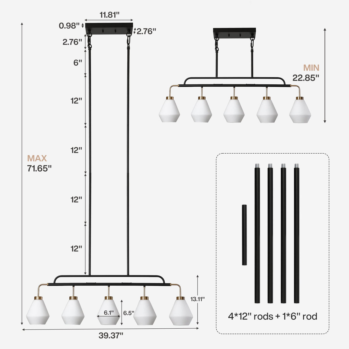 Dimension drawing showing the shade size, rod lengths and 22.85 to 71.65 inch hang