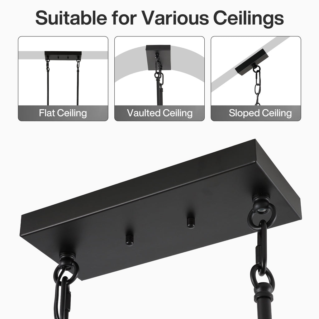 Canopy shown fitted to a flat ceiling, a vaulted ceiling and a sloped ceiling