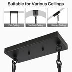Canopy shown fitted to a flat ceiling, a vaulted ceiling and a sloped ceiling
