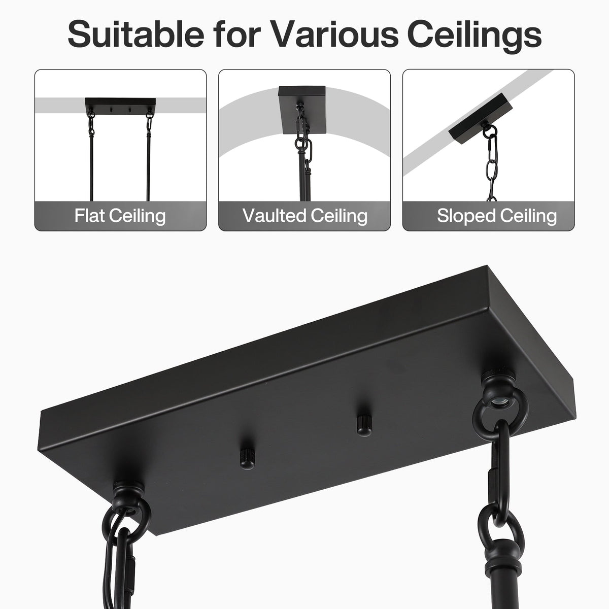 Canopy shown fitted to a flat ceiling, a vaulted ceiling and a sloped ceiling