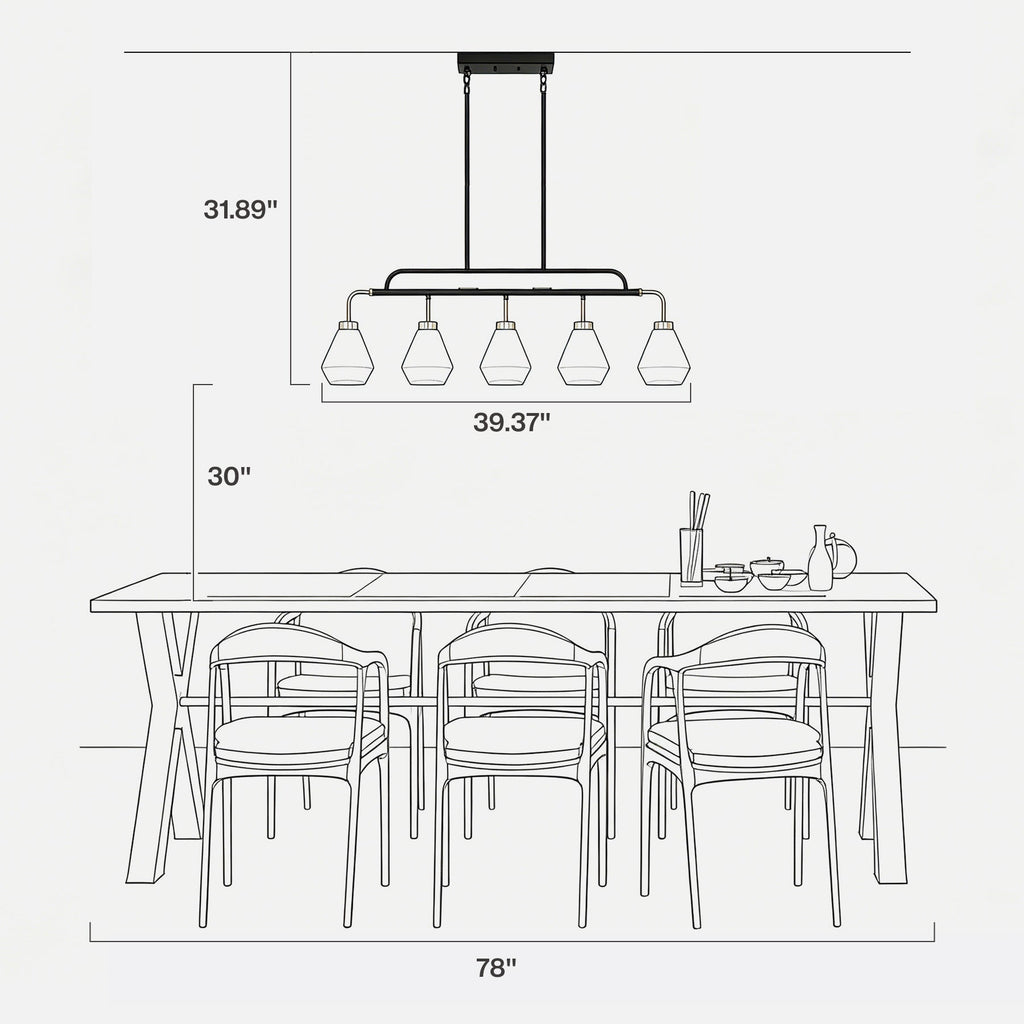 Drawing of the pendant hung 30 inches above a 78 inch dining table