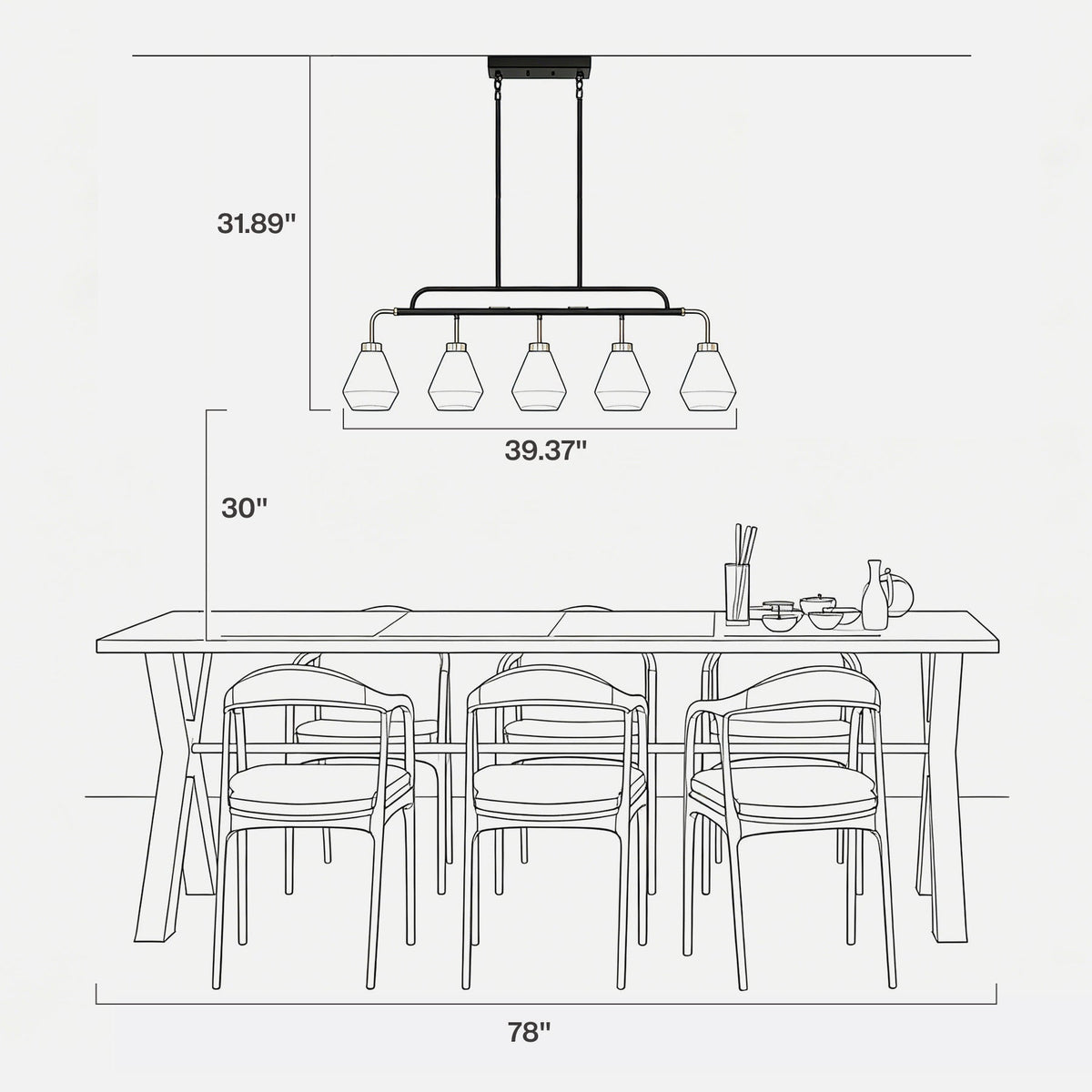 Drawing of the pendant hung 30 inches above a 78 inch dining table