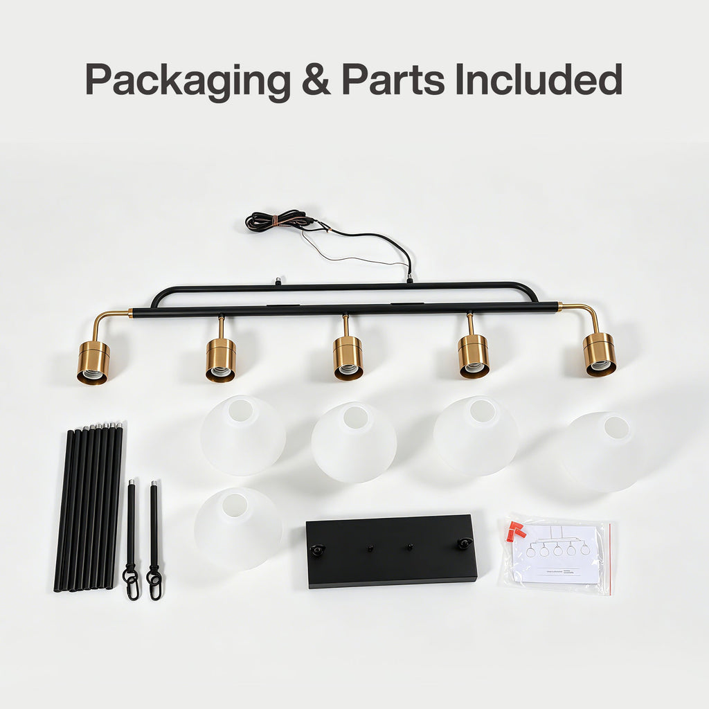 Packaging contents laid out including bar, shades, rods, canopy and instructions