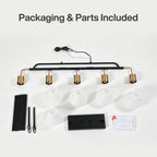 Packaging contents laid out including bar, shades, rods, canopy and instructions