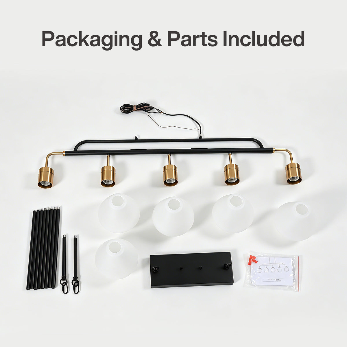 Packaging contents laid out including bar, shades, rods, canopy and instructions