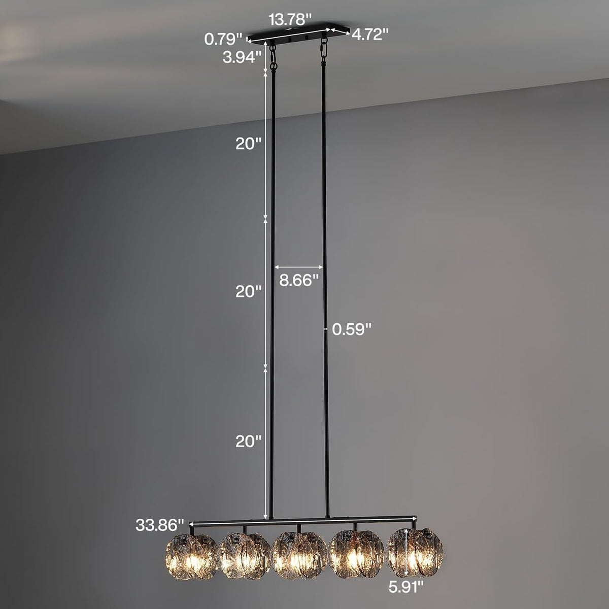 Measured drawing showing the 33.86 inch bar, 5.91 inch shades and three 20 inch rods