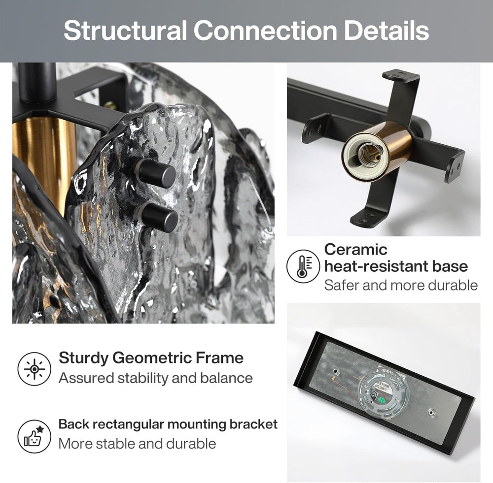 Close views of the layered glass shade, the ceramic socket base and the rectangular mounting bracket
