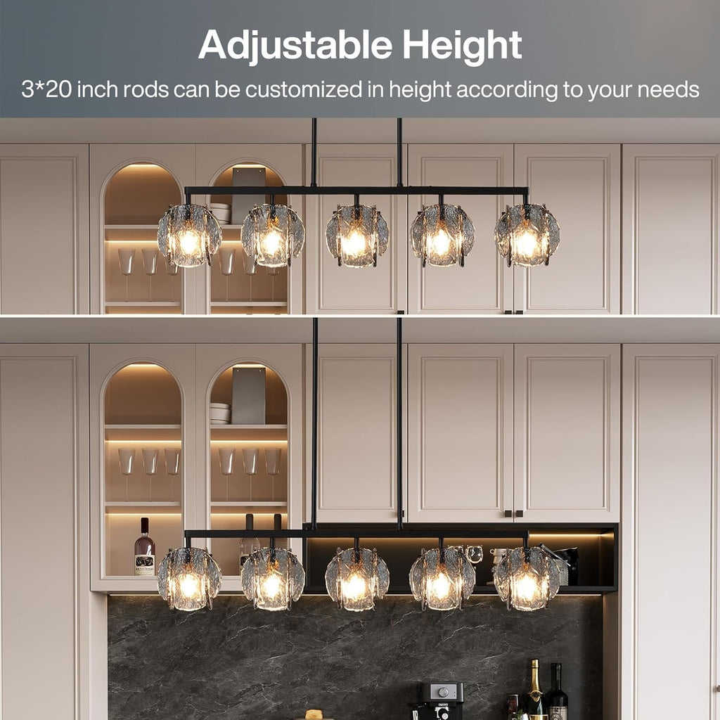 The same fixture shown hung high and hung low to show the three rod height range