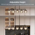 The same fixture shown hung high and hung low to show the three rod height range