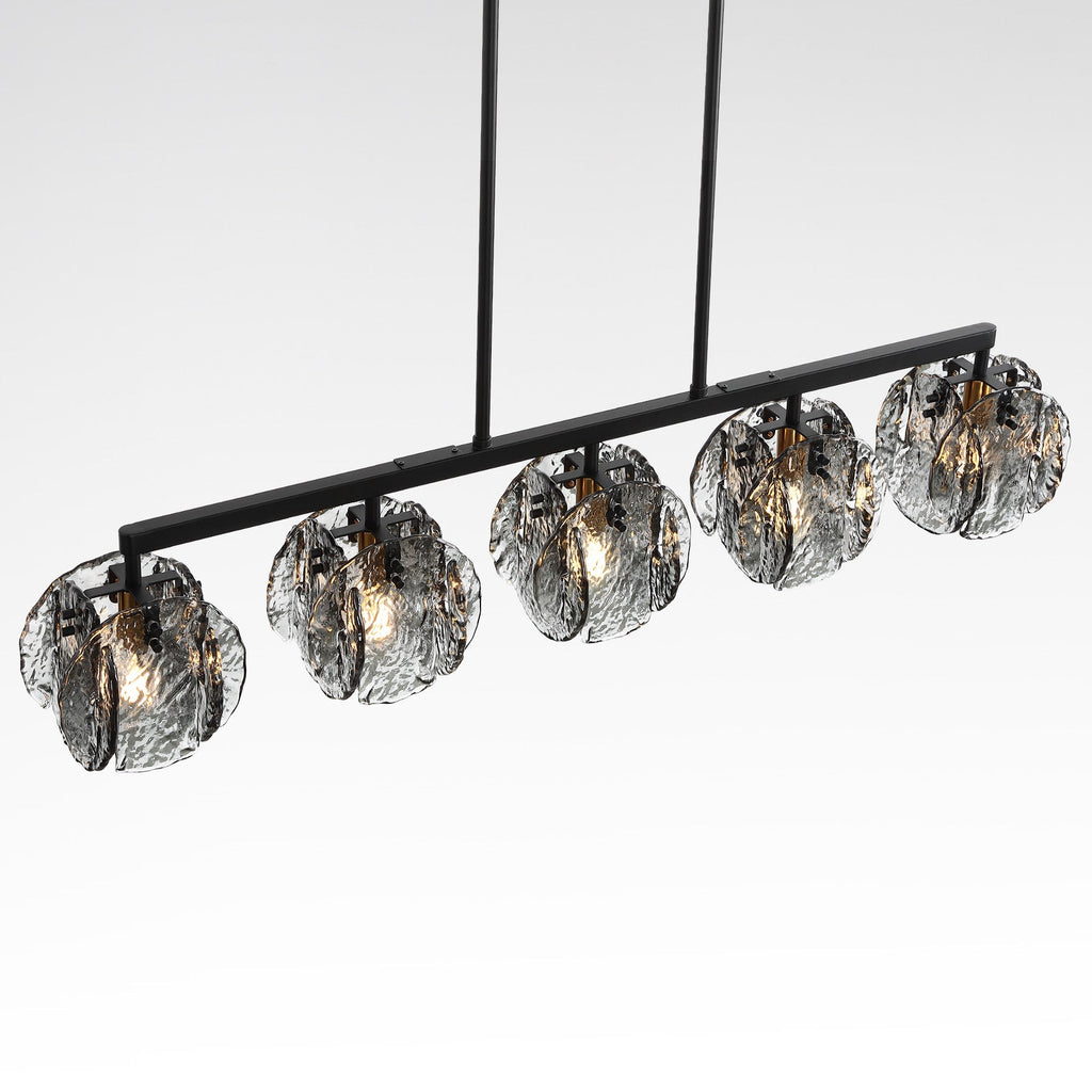 Straight on view of the five light chandelier with smoky gray glass against a plain background