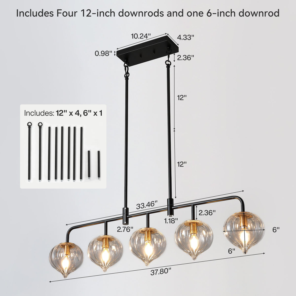Dimension drawing showing the 37.80 inch bar, 6 inch ribbed shades and 10.24 inch canopy