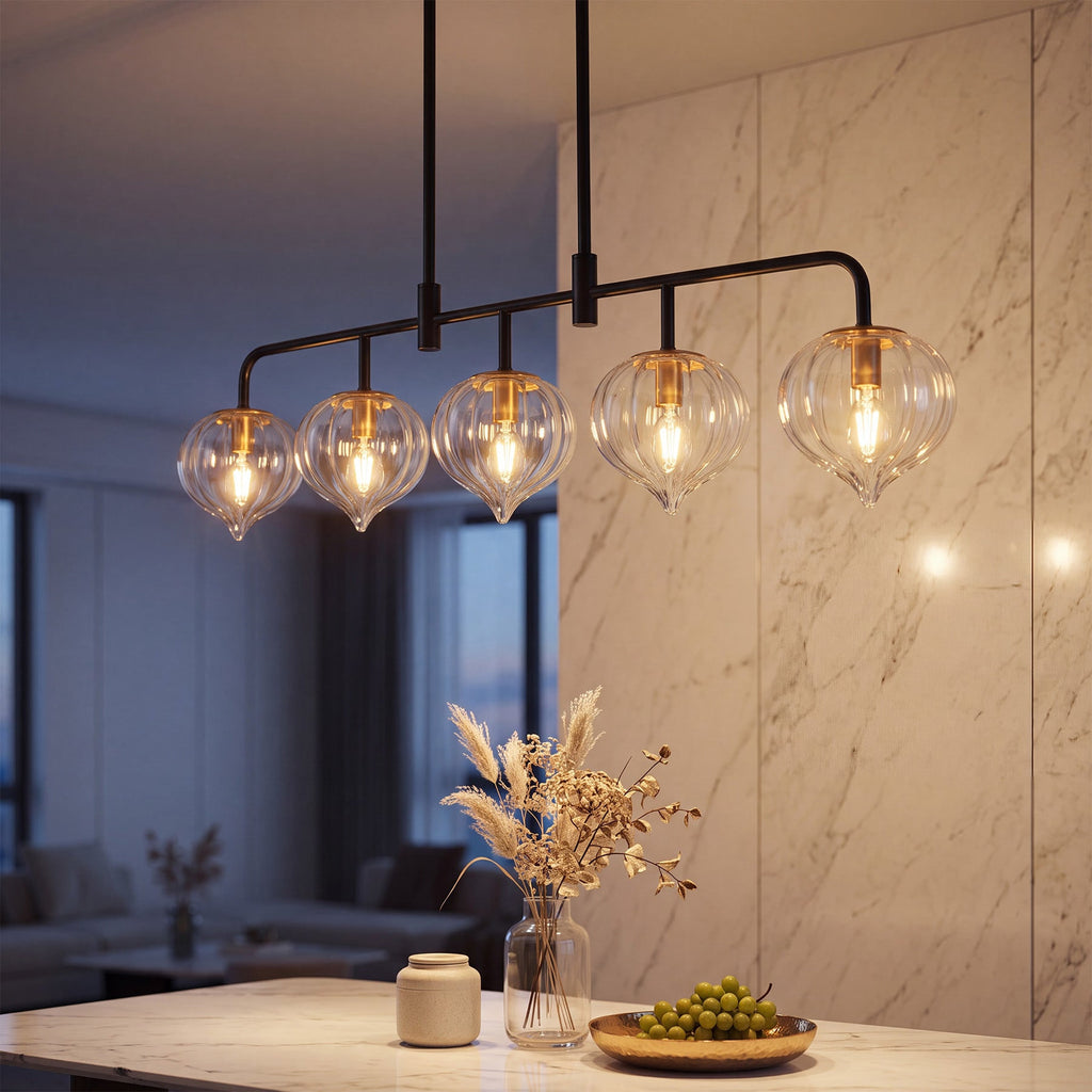 The ribbed glass pendant hanging over a round dining table