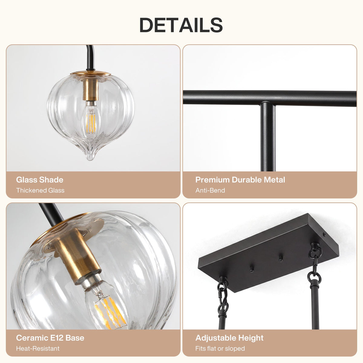 Close views of the ribbed glass shade, brushed gold socket and metal rod
