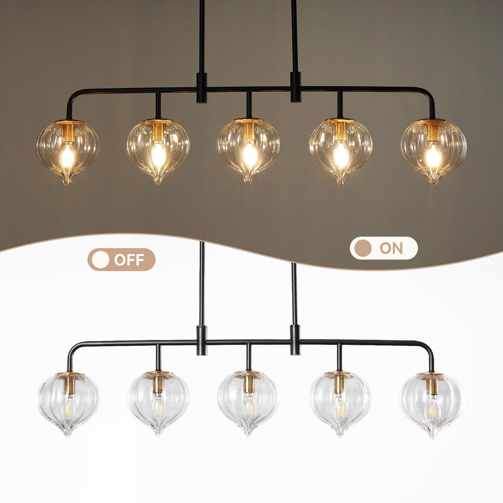 The pendant light shown switched off and switched on above a dining table