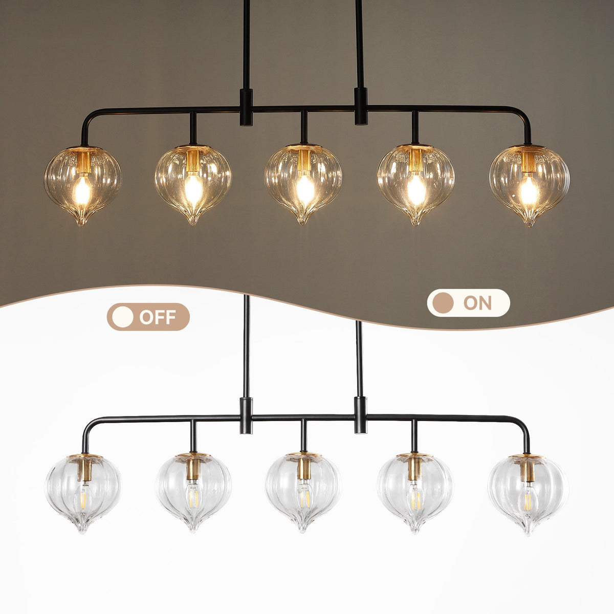 The pendant light shown switched off and switched on above a dining table