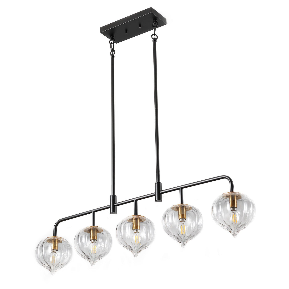 Straight on view of the five teardrop ribbed glass pendant against a plain background