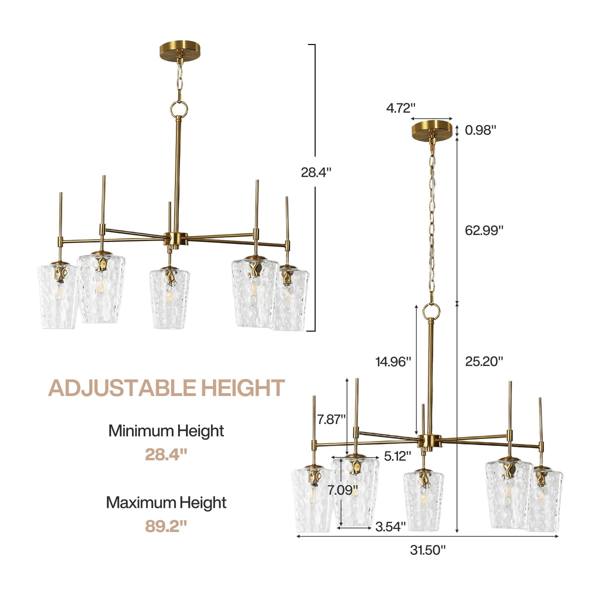 Dimension drawing showing the 31.5 inch spread and 28.4 to 89.2 inch adjustable height