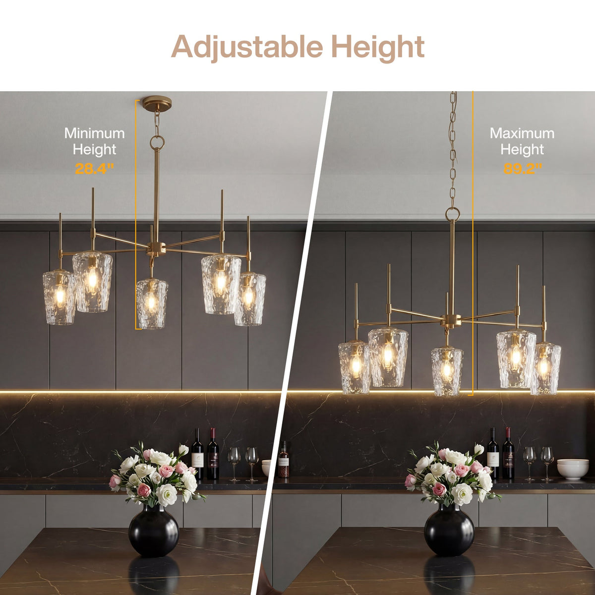Minimum and maximum hanging heights shown side by side over a kitchen counter
