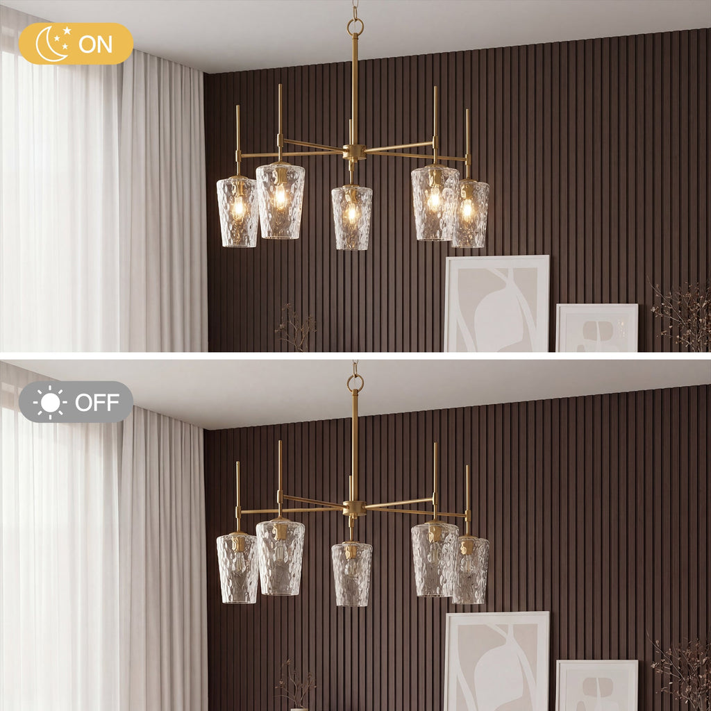 The five shades shown lit and unlit in a panelled bedroom