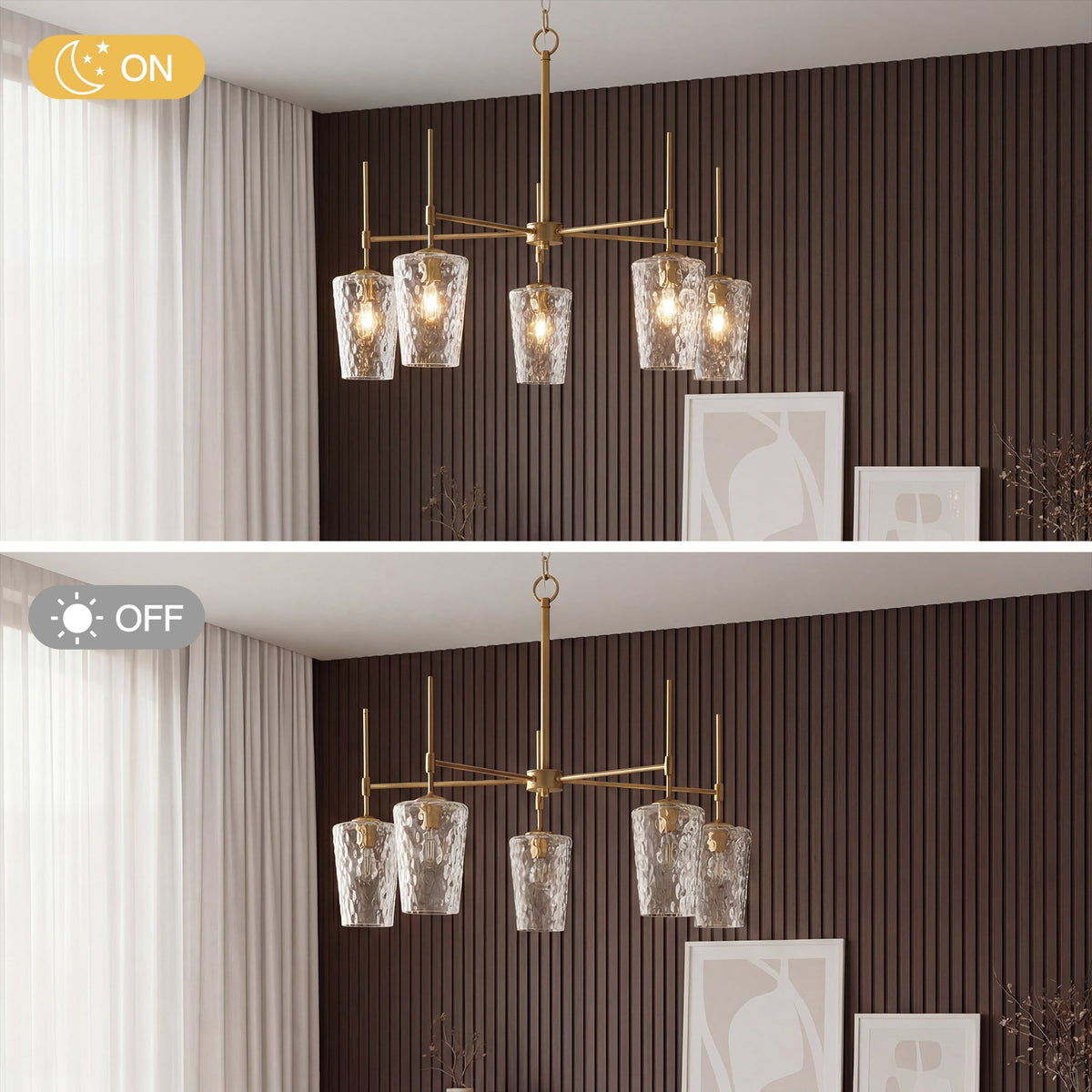 The five shades shown lit and unlit in a panelled bedroom