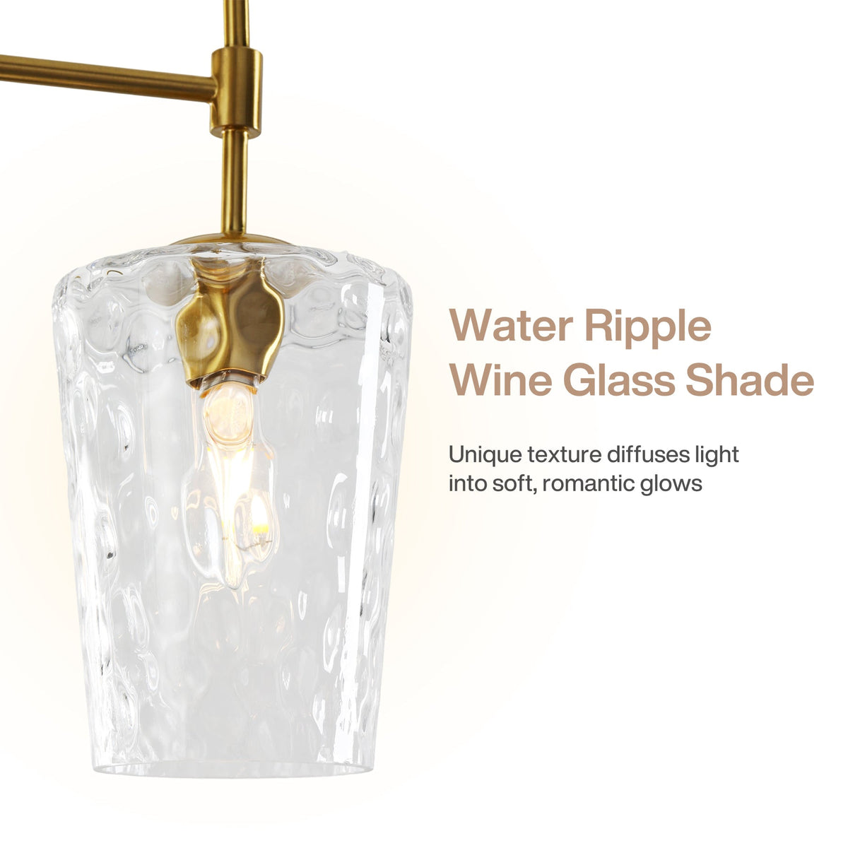 Close view of the hammered water ripple glass shade and gold socket collar