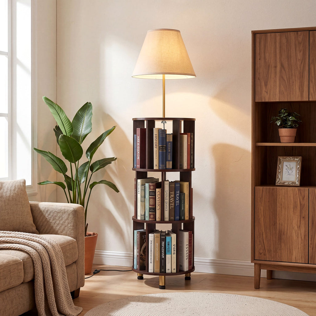 Stowena 62 inch floor lamp with 3 tier bookshelf lit beside an armchair